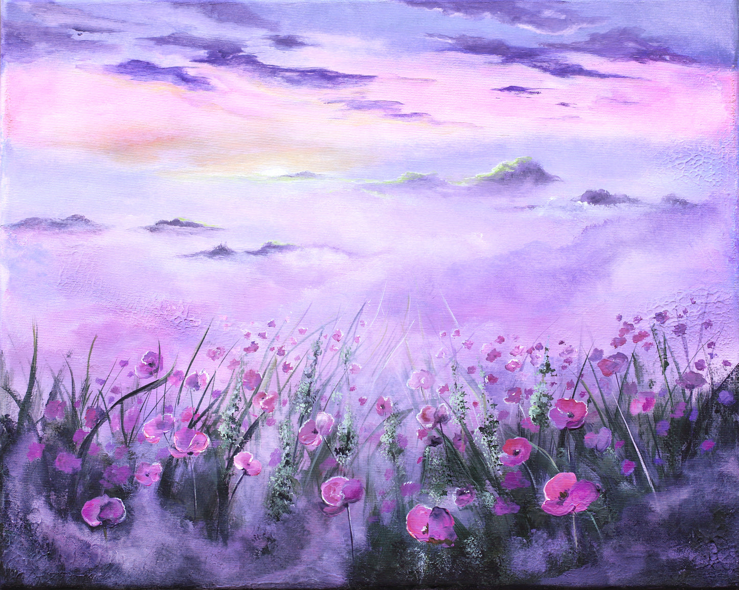 Original painting of a misty meadow sunset filled with pink and purple poppy flowers under a pastel sky with lavender, pink, and blue clouds.