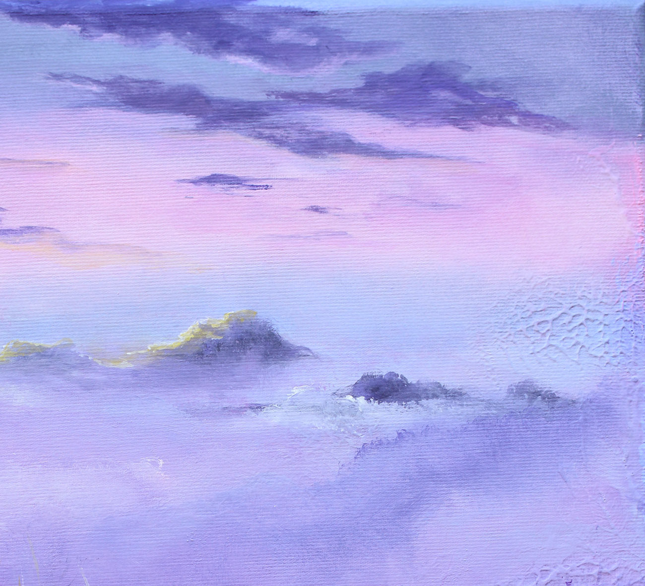 A textured painting of a misty landscape under a pastel sky, featuring shades of lavender, purple, pink, and soft blue with hints of yellow and dark purple clouds.