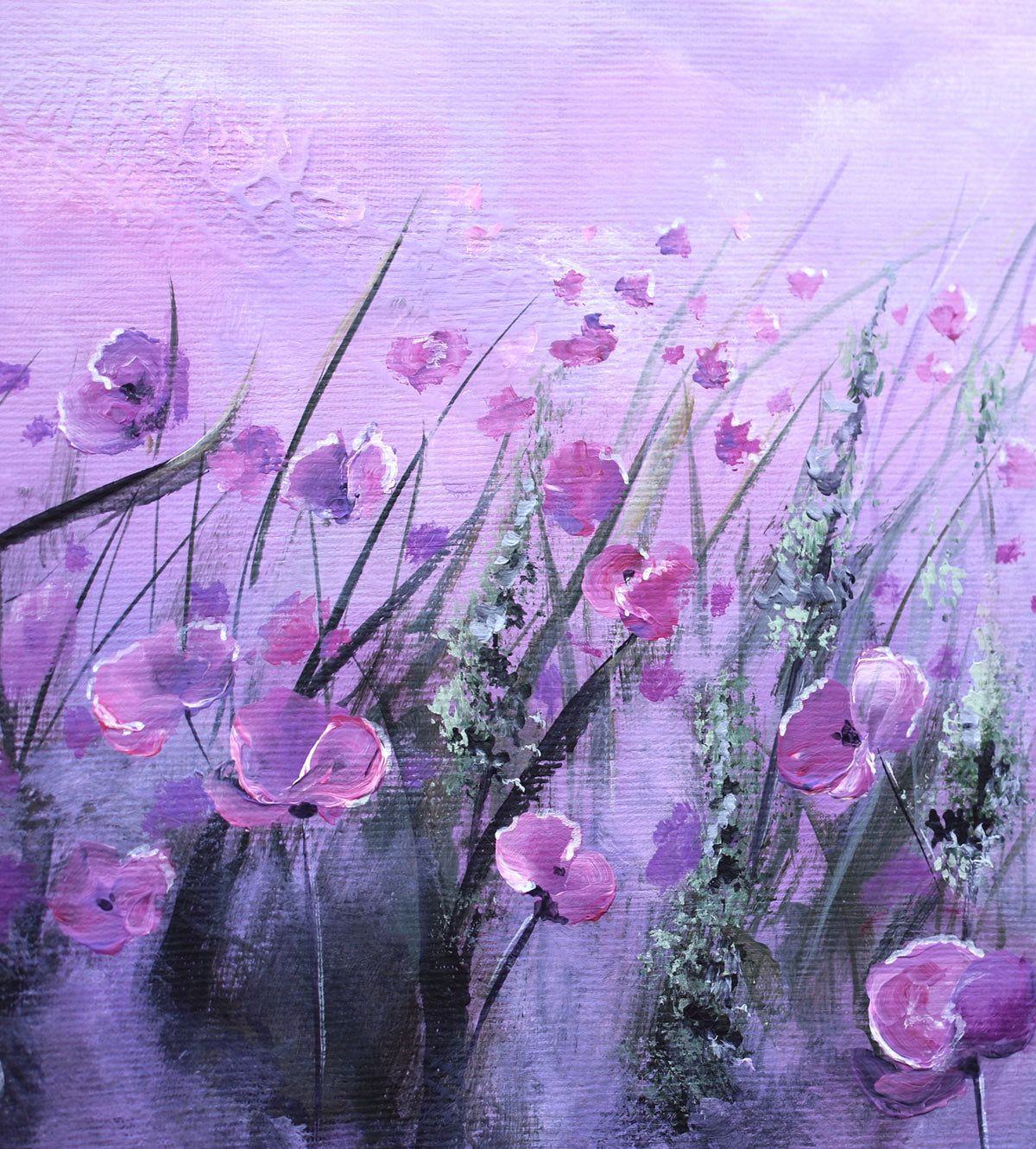Original painting of a misty meadow sunset filled with pink and purple poppy flowers under a pastel sky with lavender, pink, and blue clouds.