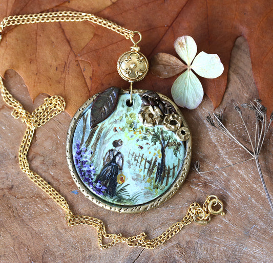 Pride and Prejudice inspired hand-painted necklace on golden chain