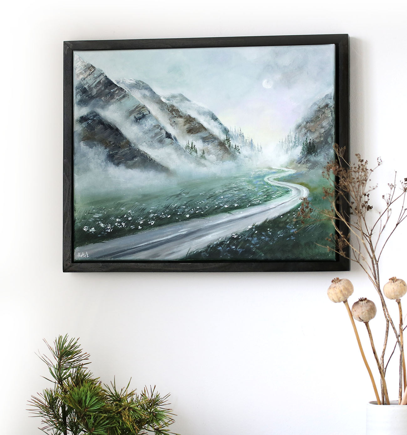 Misty mountain landscape original painting with road by korolevaart