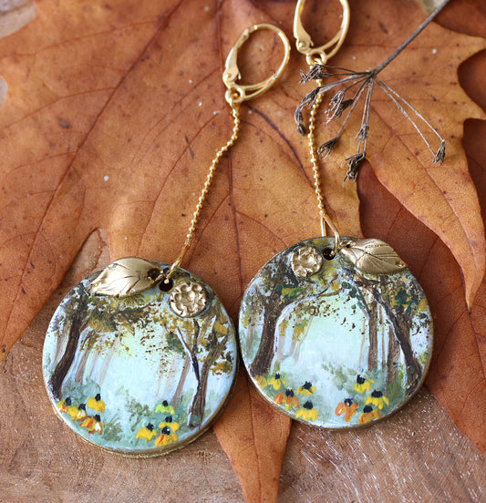 Hand-painted long earrings on golden chain