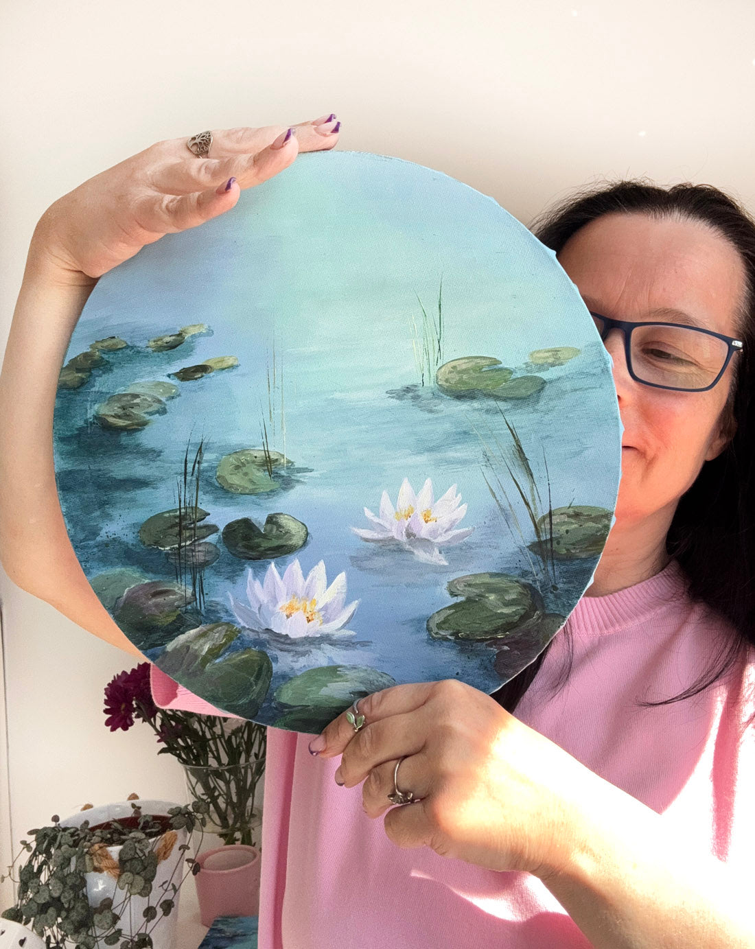 Original circle waterlilies pond blue painting