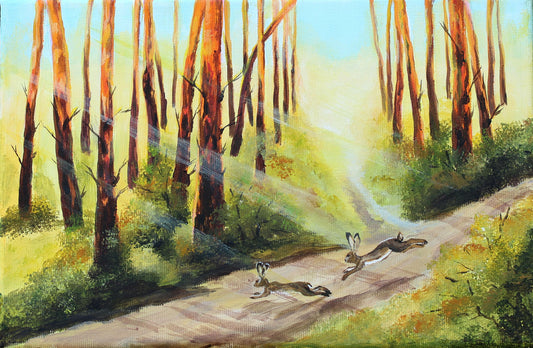 A painted forest scene with tall slender trees, a sunlit path, and three rabbits running across the foreground. The artwork fills the frame, so this is best classified as Scenery rather than Product/Packaging.