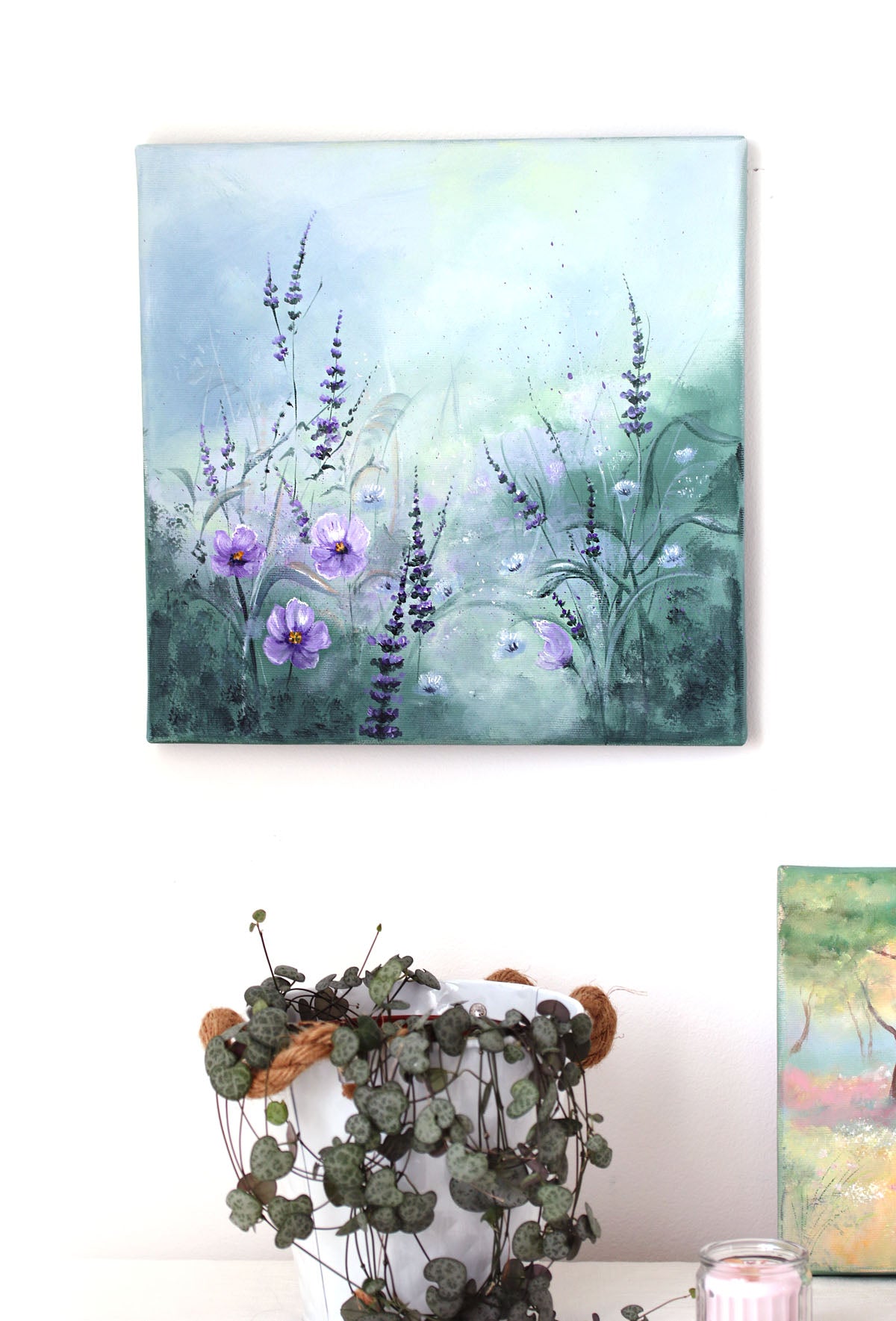 original wildflowers painting with sage and purple flowers