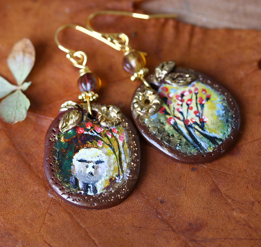 Sheep earrings hand-painted art jewelry by Katie Koroleva