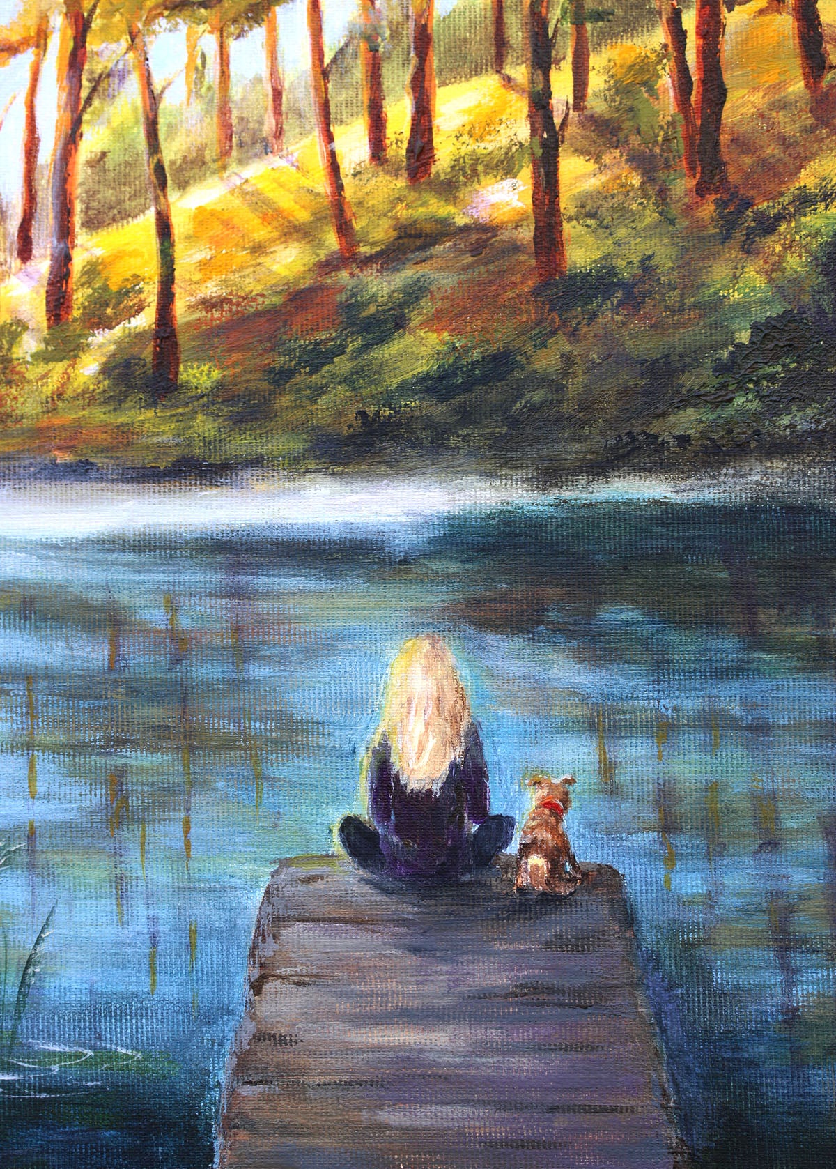 An impressionistic painting of a woman with long blonde hair sitting on a wooden dock by a lake, with a small dog beside her, and a sunlit forest in the background.