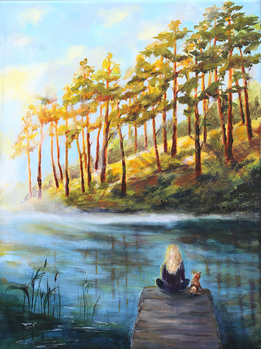 An impressionistic landscape painting of a person sitting on a wooden dock by a calm lake, with a small dog beside them and a forest of tall trees in the background under a soft blue sky.
