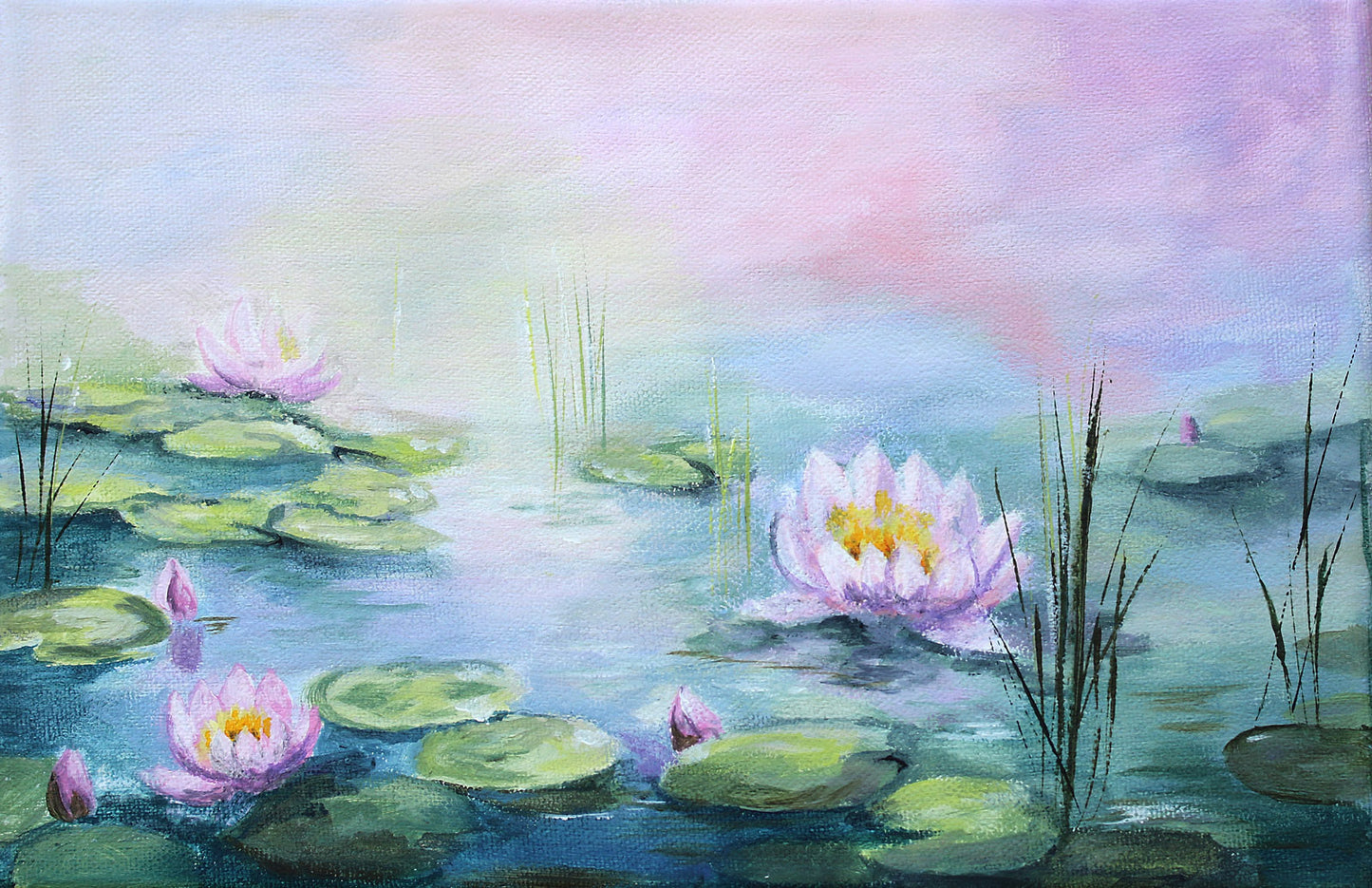 Painting of water lilies on a pond with a soft, pastel background