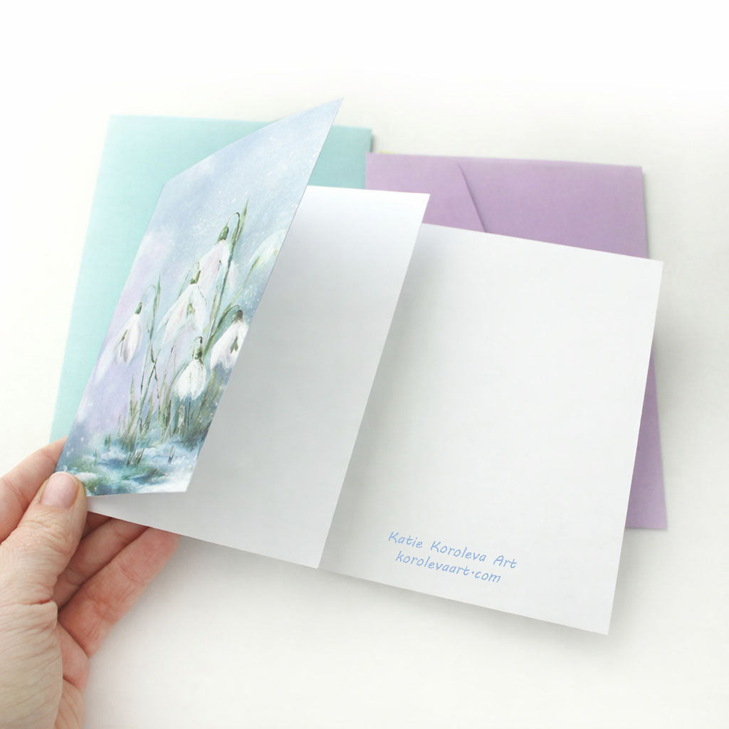 Art greeting cards with snowdrops illustration