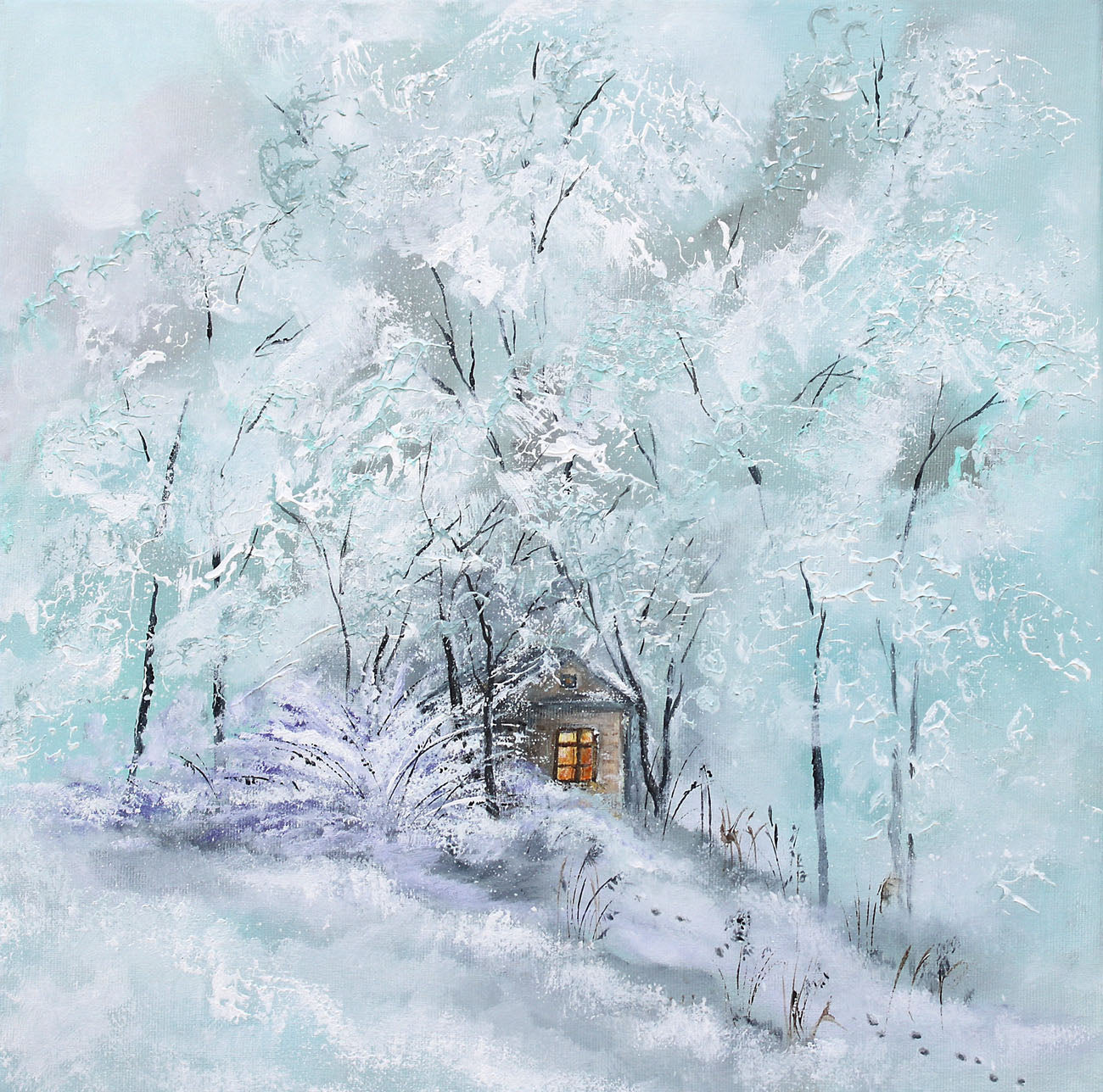 Winter landscape original painting with a small cabin hidden among snow-covered trees
