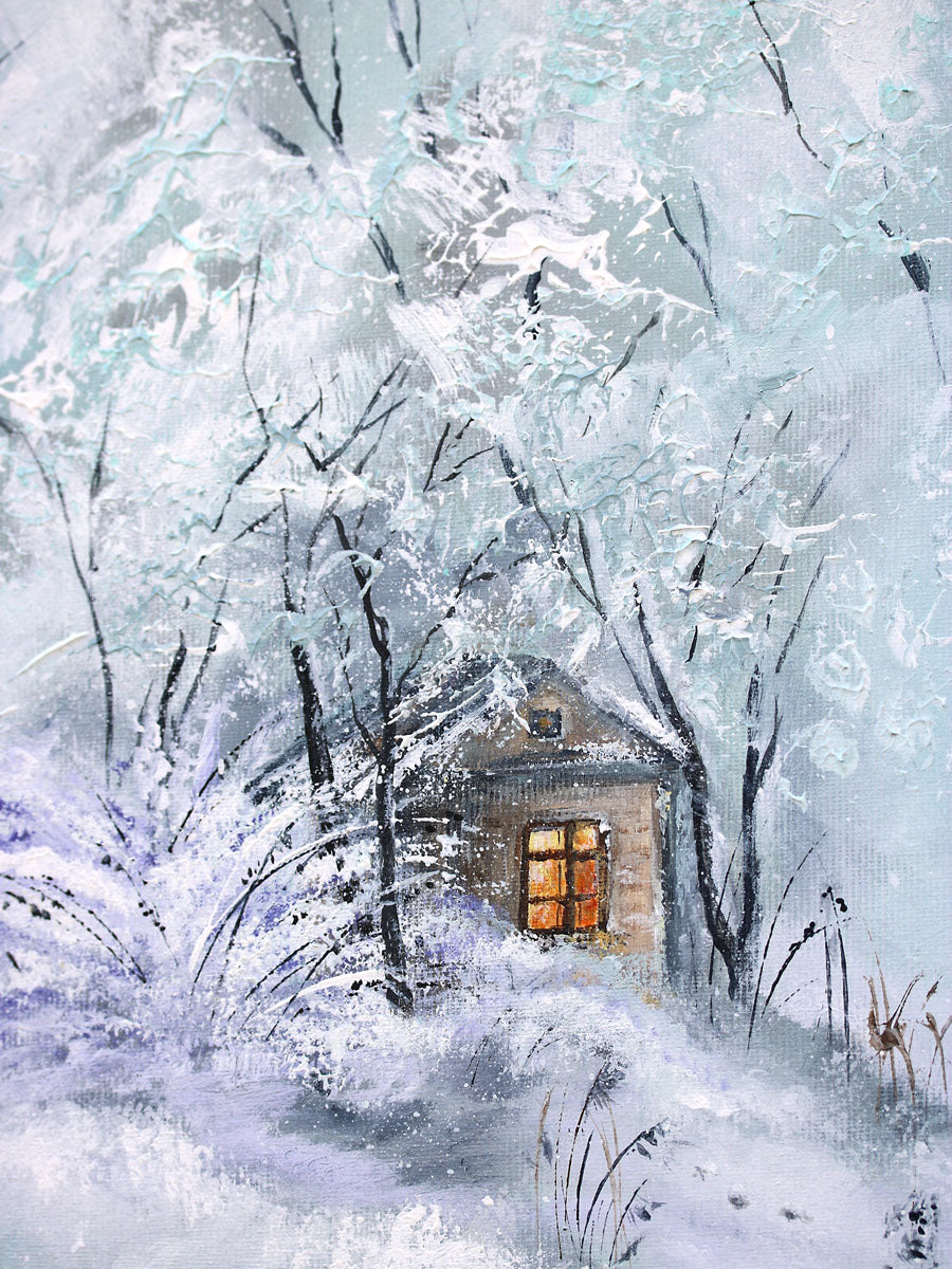 Winter landscape original painting with a small cabin hidden among snow-covered trees