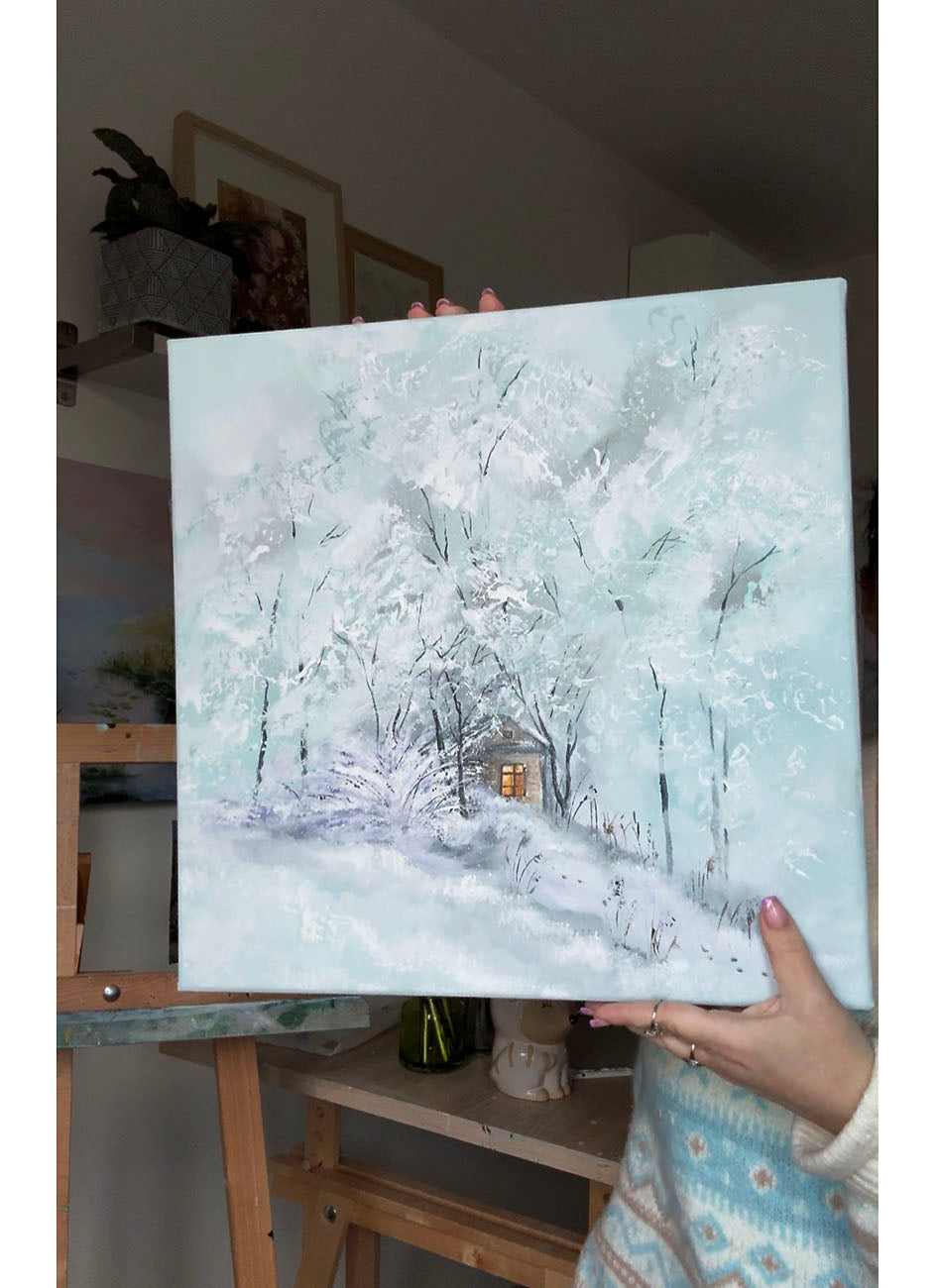 Winter landscape original painting with a small cabin hidden among snow-covered trees