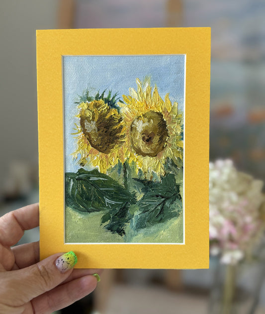 Sunflowers oil miniature painting in a frame