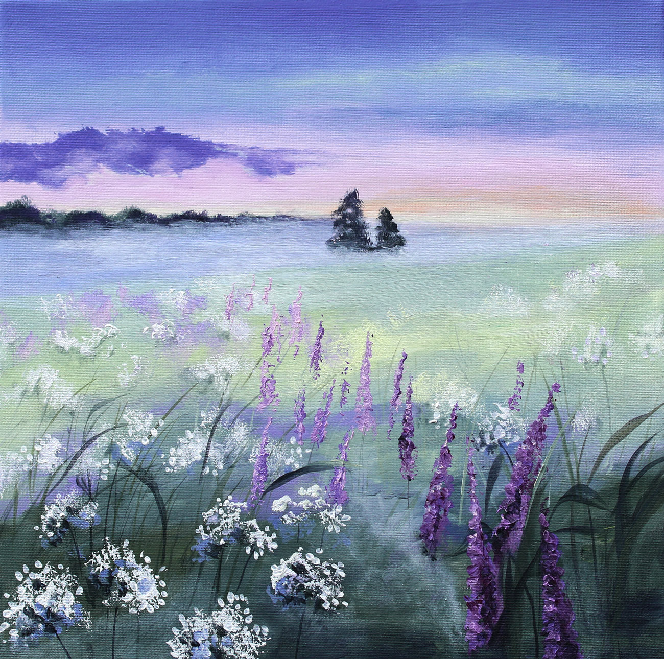 A landscape painting of a wildflower meadow at dusk, featuring purple and white flowers in the foreground, two small dark trees on the horizon, and a soft blue, purple, and pink sky.