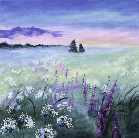 A landscape painting of a wildflower meadow at dusk, featuring purple and white flowers in the foreground, two small dark trees on the horizon, and a soft blue, purple, and pink sky.