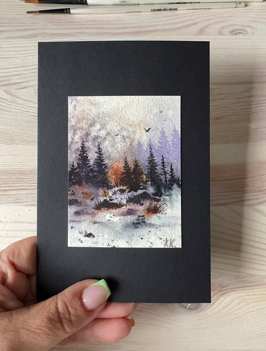 Tiny watercolor forest painting