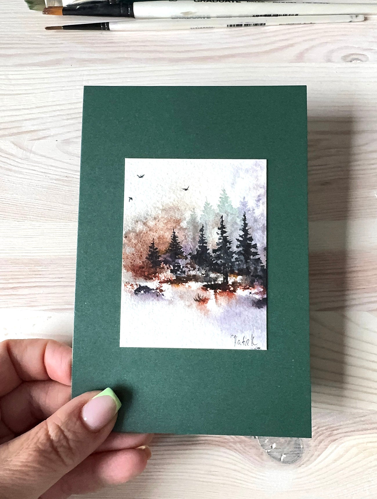 Tiny watercolor forest painting