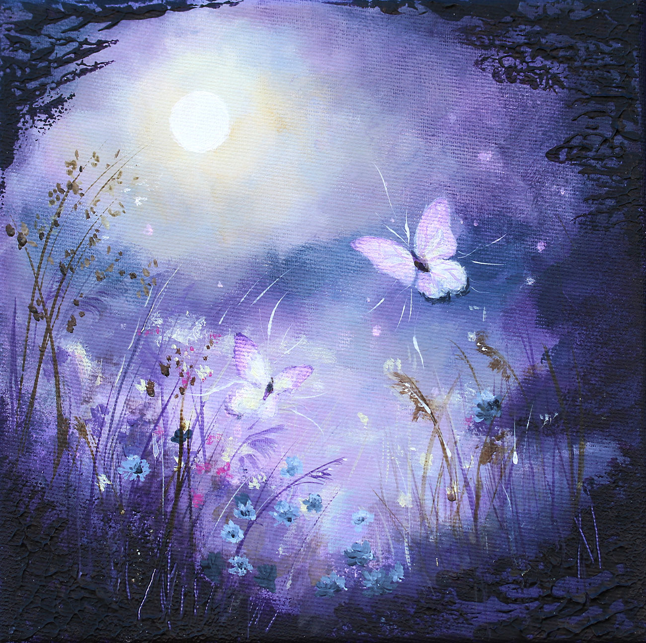 Purple dusk landscape with luminous glow, delicate flowers, and moths drawn to light