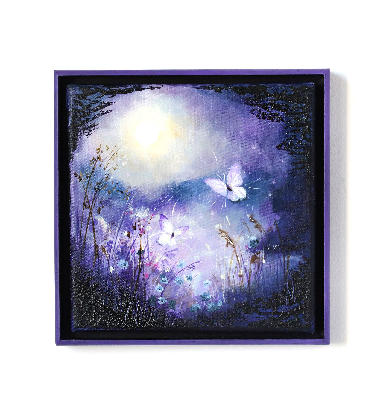 Purple dusk landscape with luminous glow, delicate flowers, and moths drawn to light