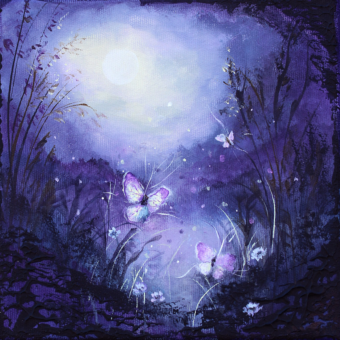 Purple dusk landscape with luminous glow, delicate flowers, and moths drawn to light