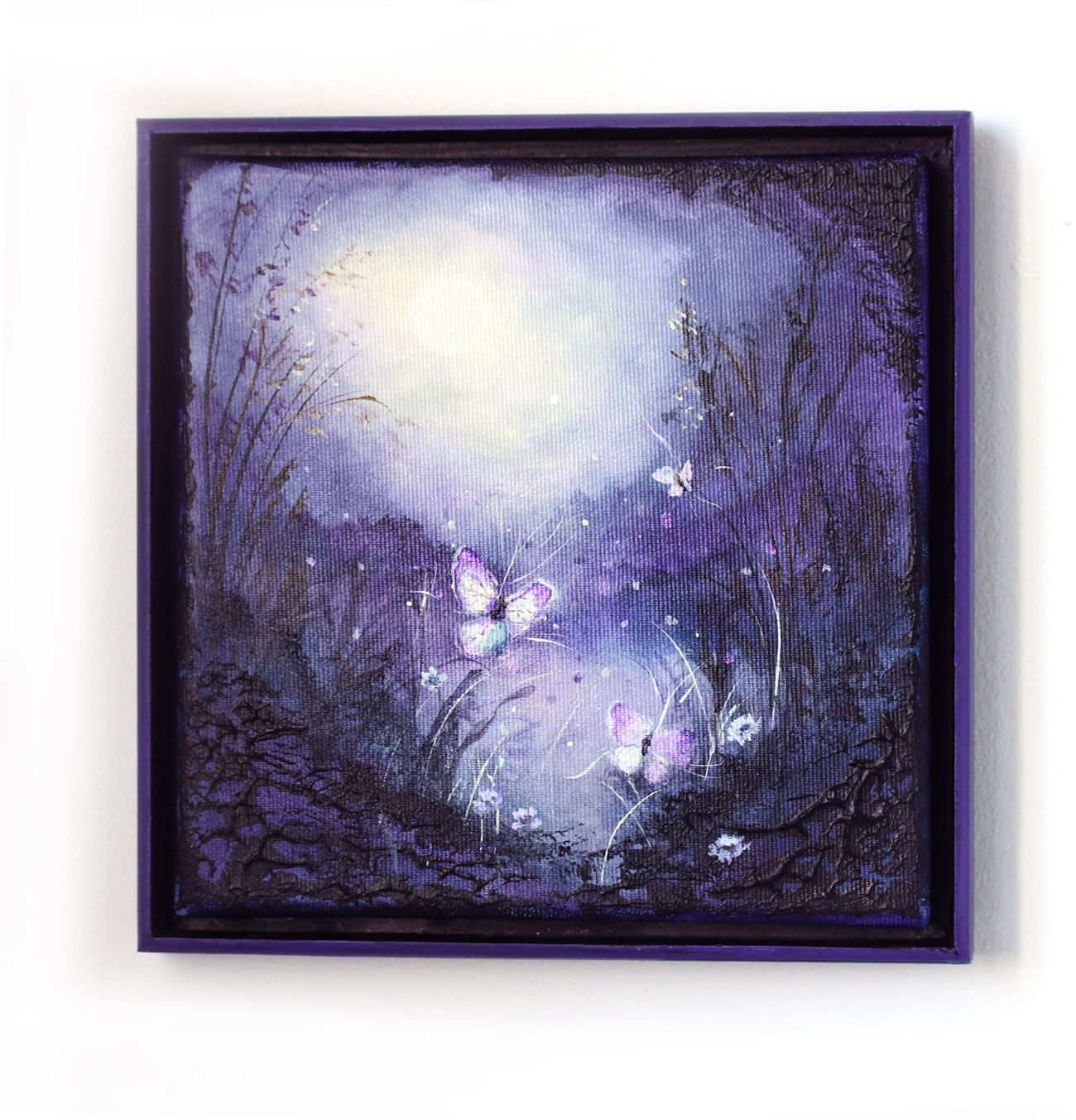 Purple dusk landscape with luminous glow, delicate flowers, and moths drawn to light