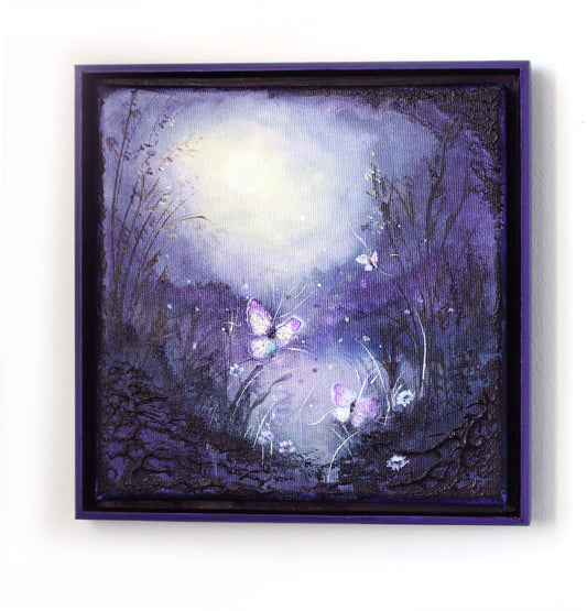 Purple dusk landscape with luminous glow, delicate flowers, and moths drawn to light