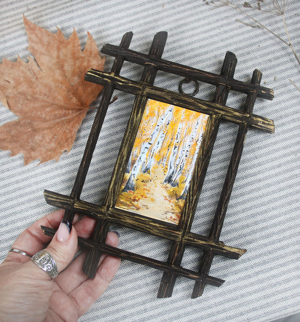 Rustic Autumn - Birch Forest Mini Original in Vintage wooden Frame