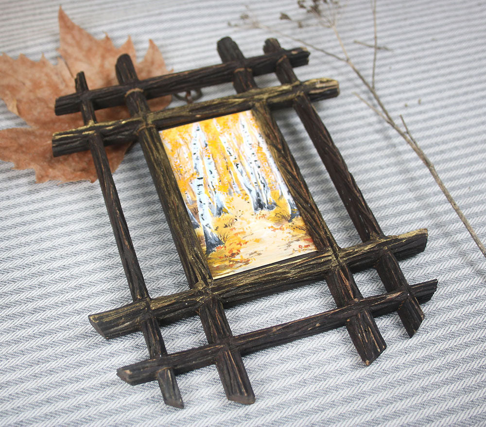 Rustic Autumn - Birch Forest Mini Original in Vintage wooden Frame