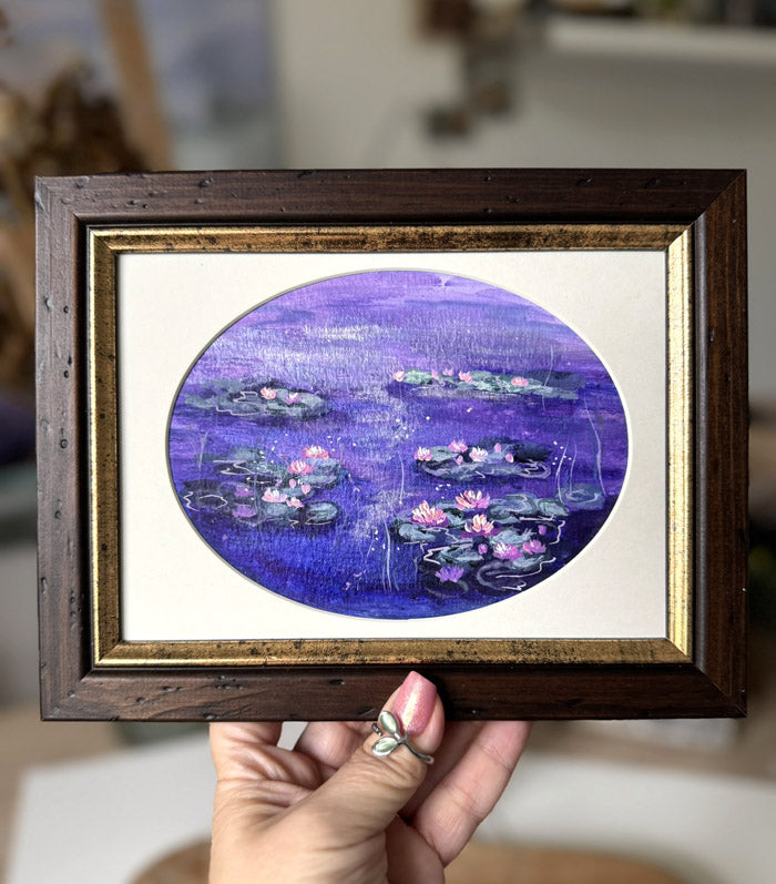 Water lilies pond vintage style framed painting