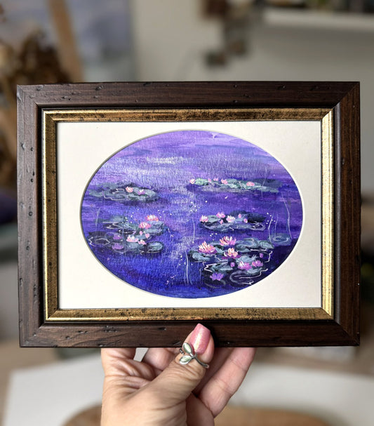 Water lilies pond vintage style framed painting