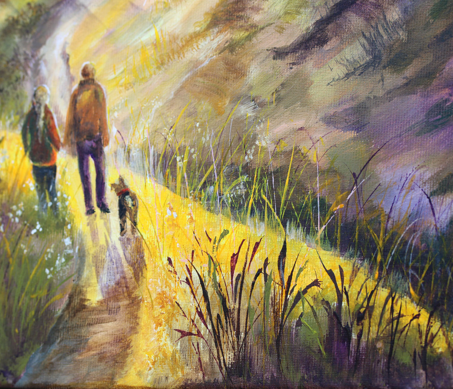 Impressionistic oil painting of a couple and a dog walking along a sunlit path through tall grass, rendered in warm yellows, greens, purples, and browns.