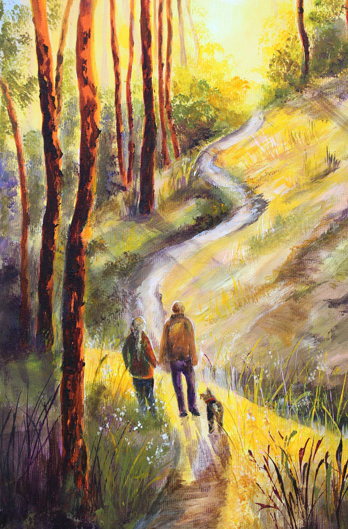 A colorful landscape painting of a winding path through a sunlit forest, with tall slender trees on the left and two people walking with a small dog in the foreground.