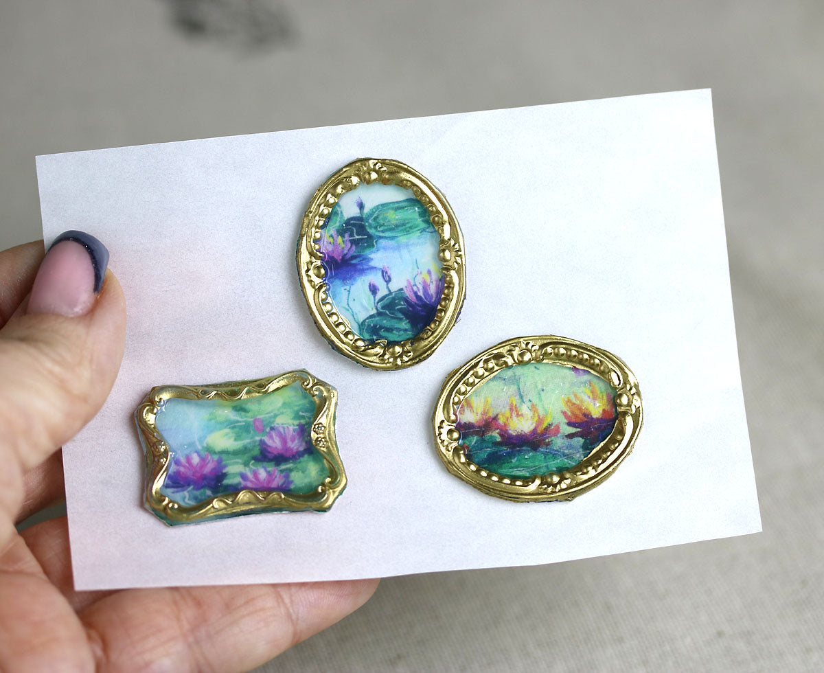 Water lily flowers handmade wax-style art stickers miniature doll house art