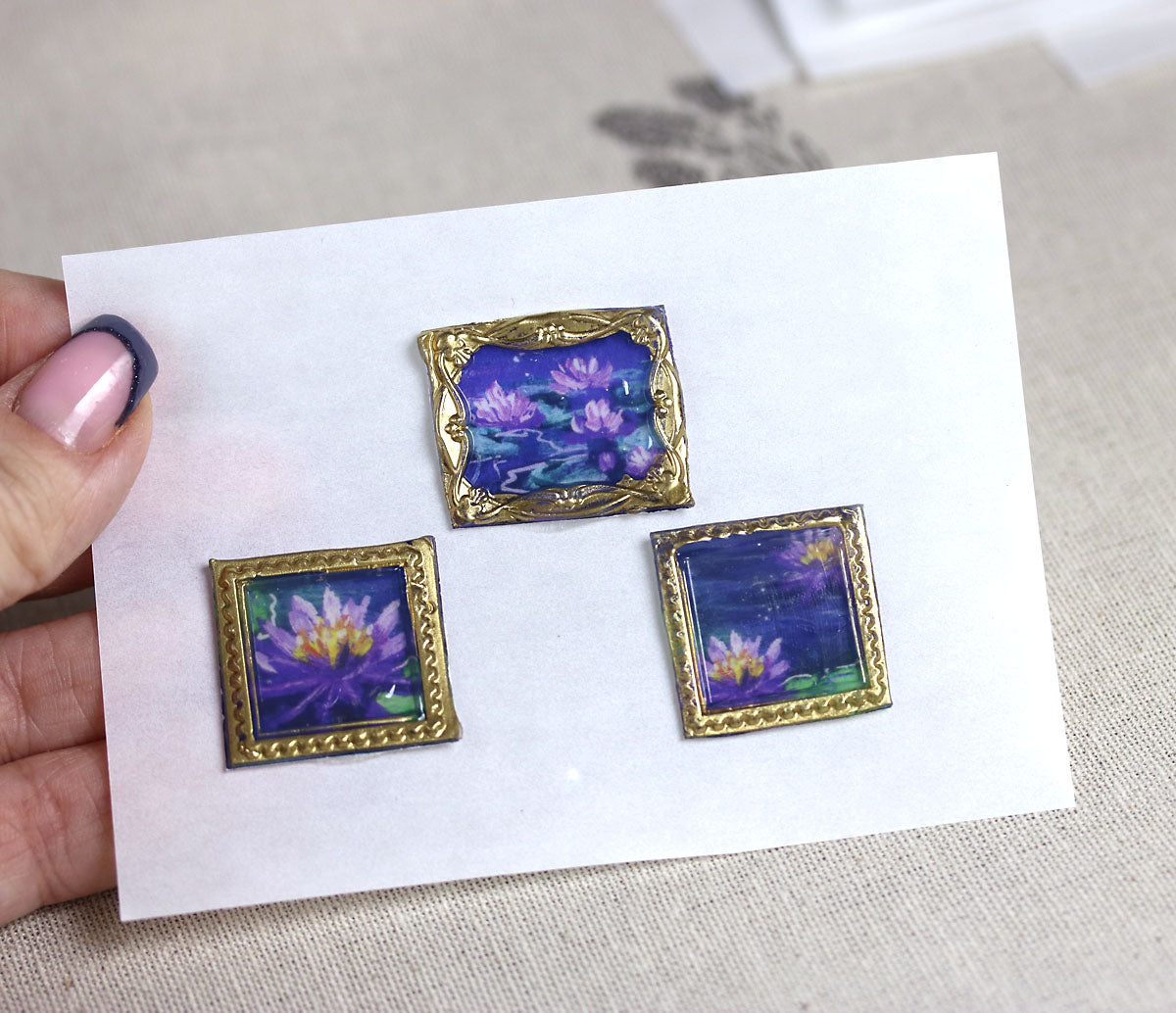 Water lily flowers handmade wax-style art stickers miniature doll house art
