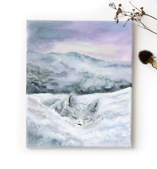 Arctic fox snowy landscape original painting