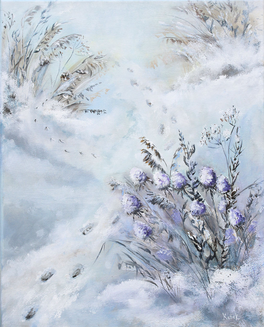 Painting of flowers emerging from snow with a soft, blurred background