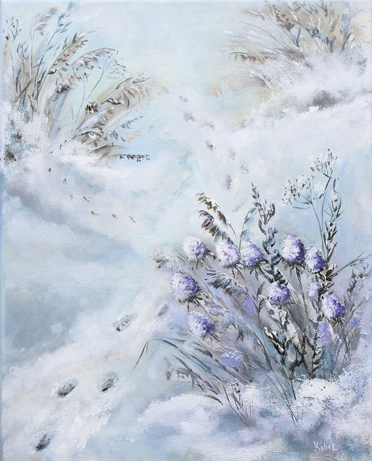 Painting of flowers emerging from snow with a soft, blurred background