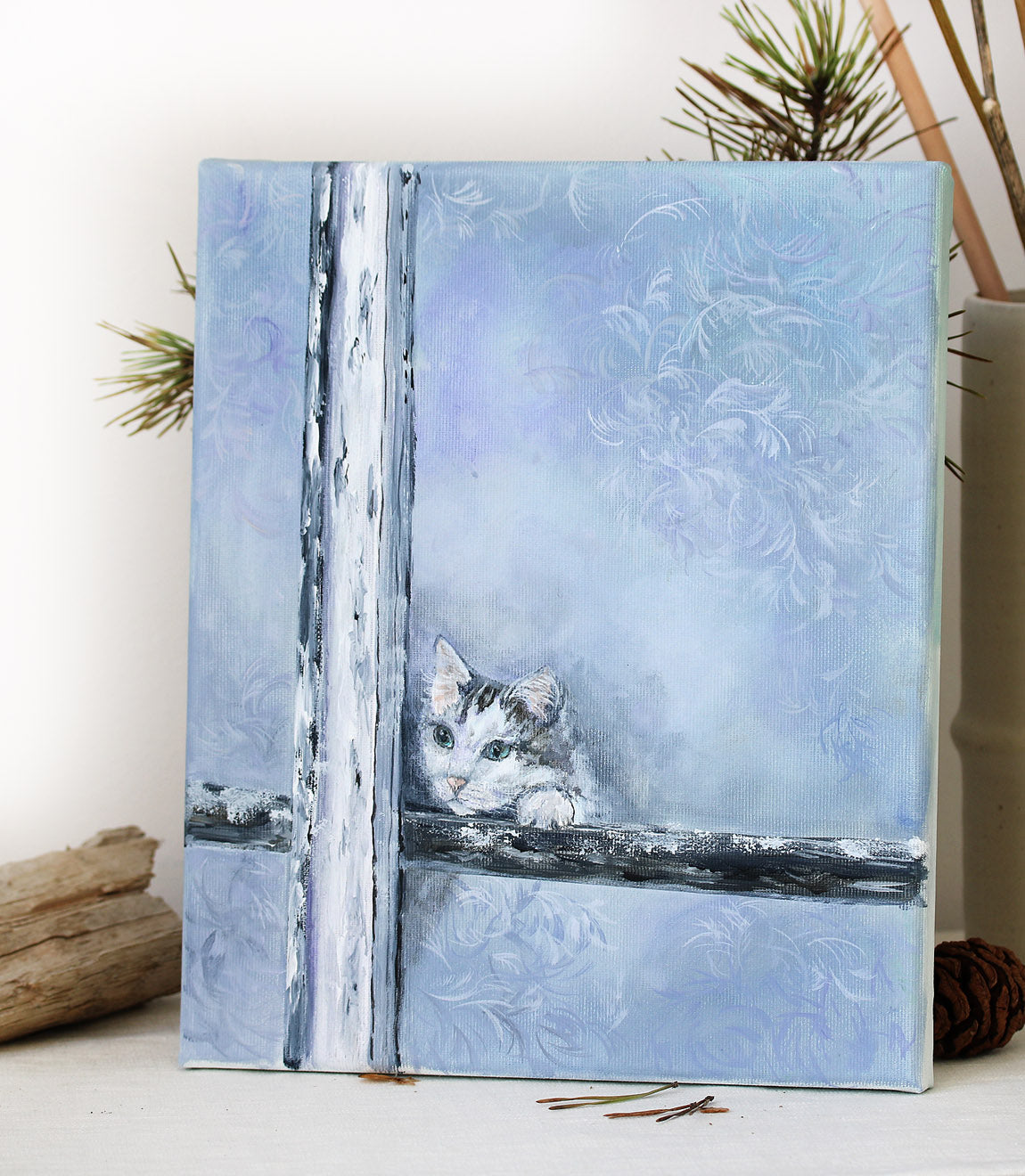 Cat peeking through a frost-covered window original painting