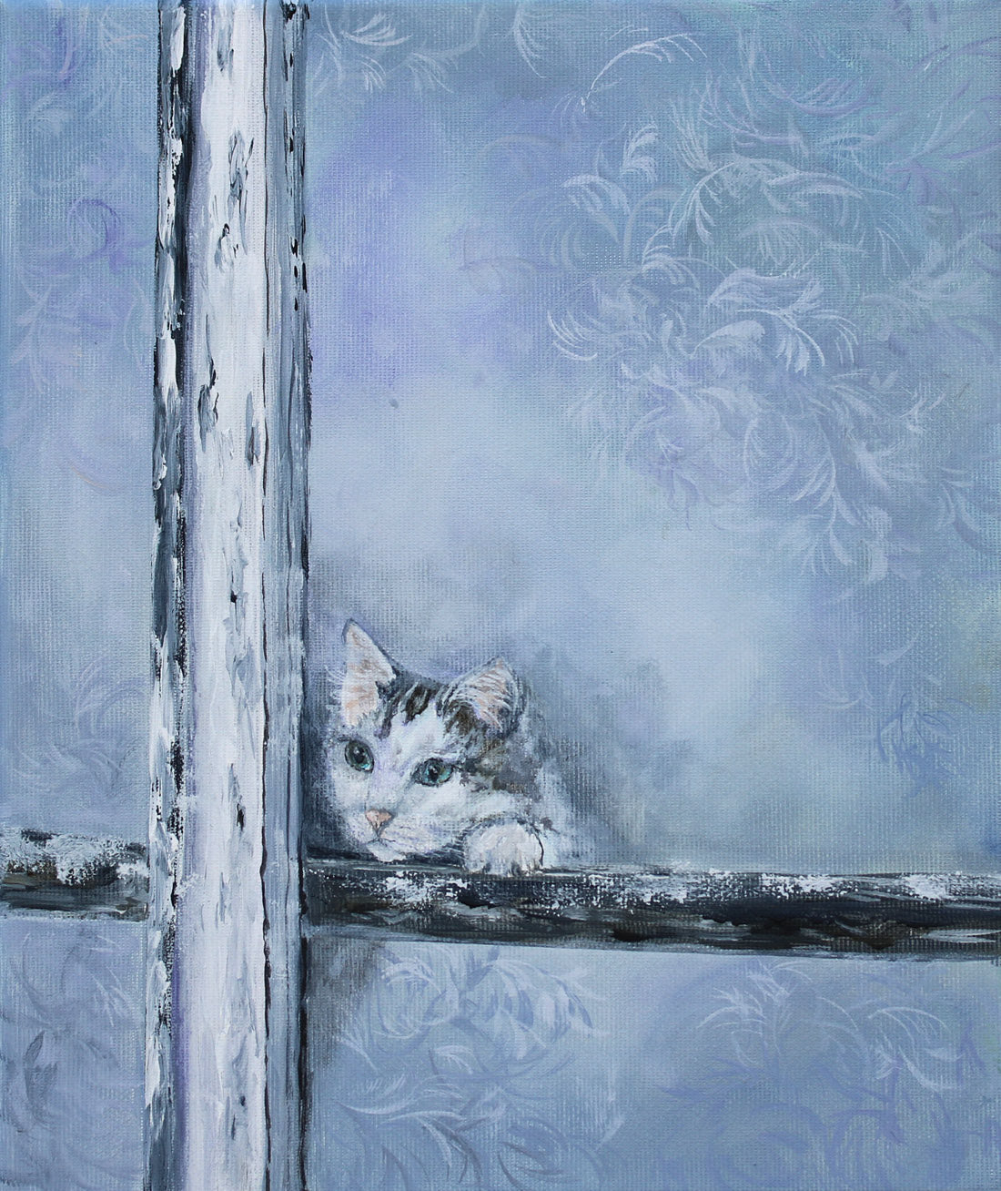 Cat peeking through a frost-covered window original painting