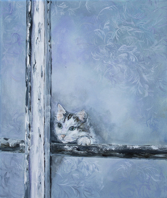 Cat peeking through a frost-covered window original painting