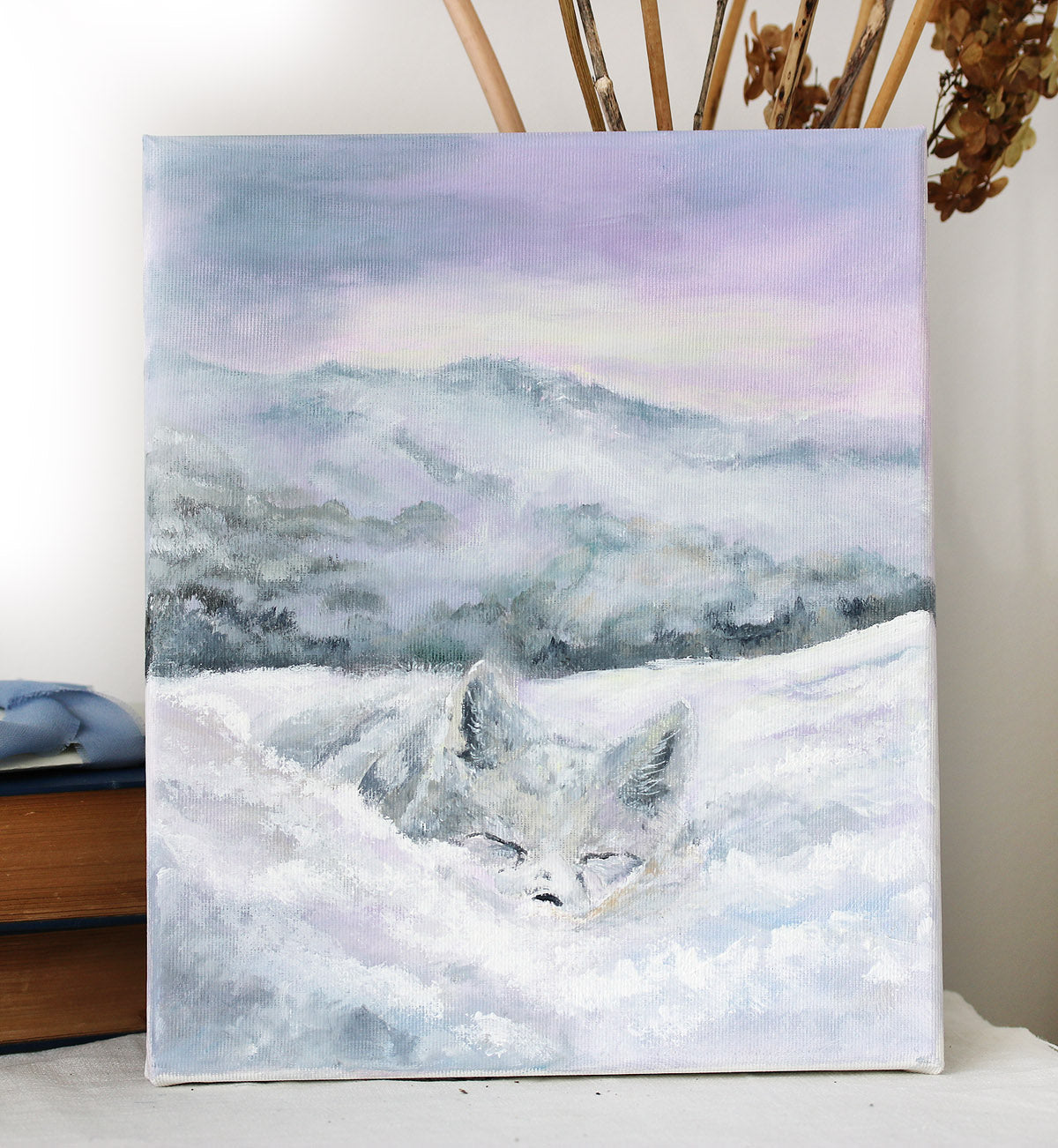 Arctic fox snowy landscape original painting