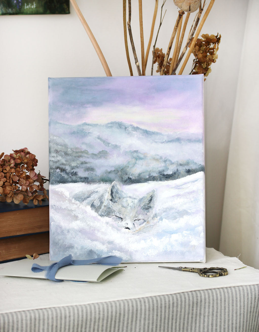 Arctic fox snowy landscape original painting
