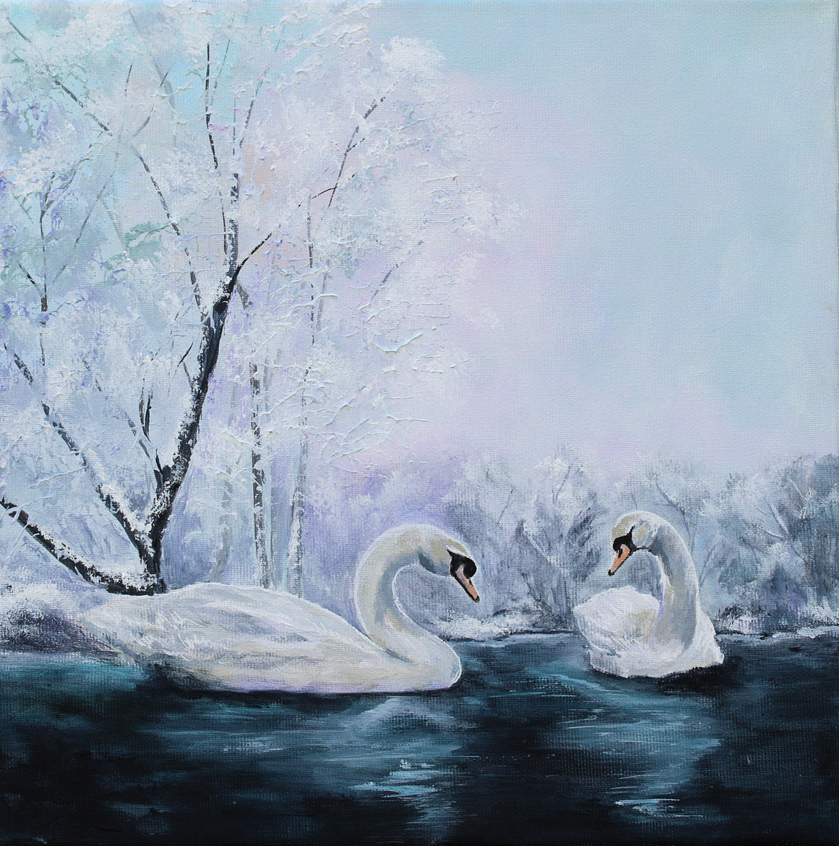 Two swans on a frozen lake with snow-covered trees original painting