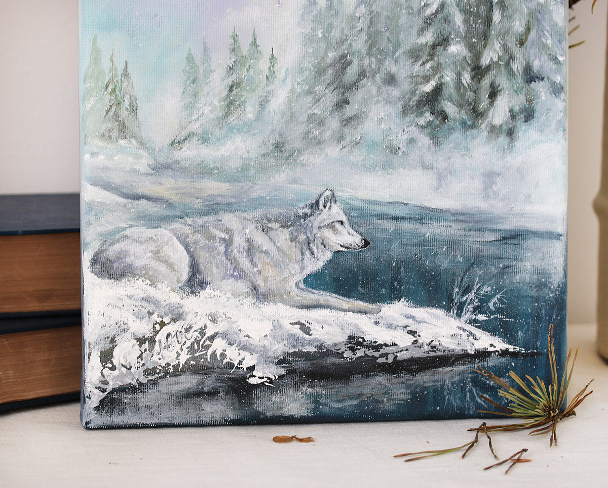 White wolf in snowy landscape original painting