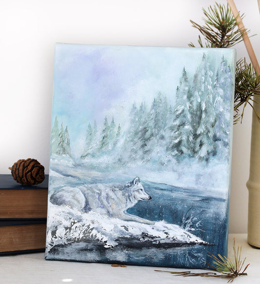 White wolf in snowy landscape original painting