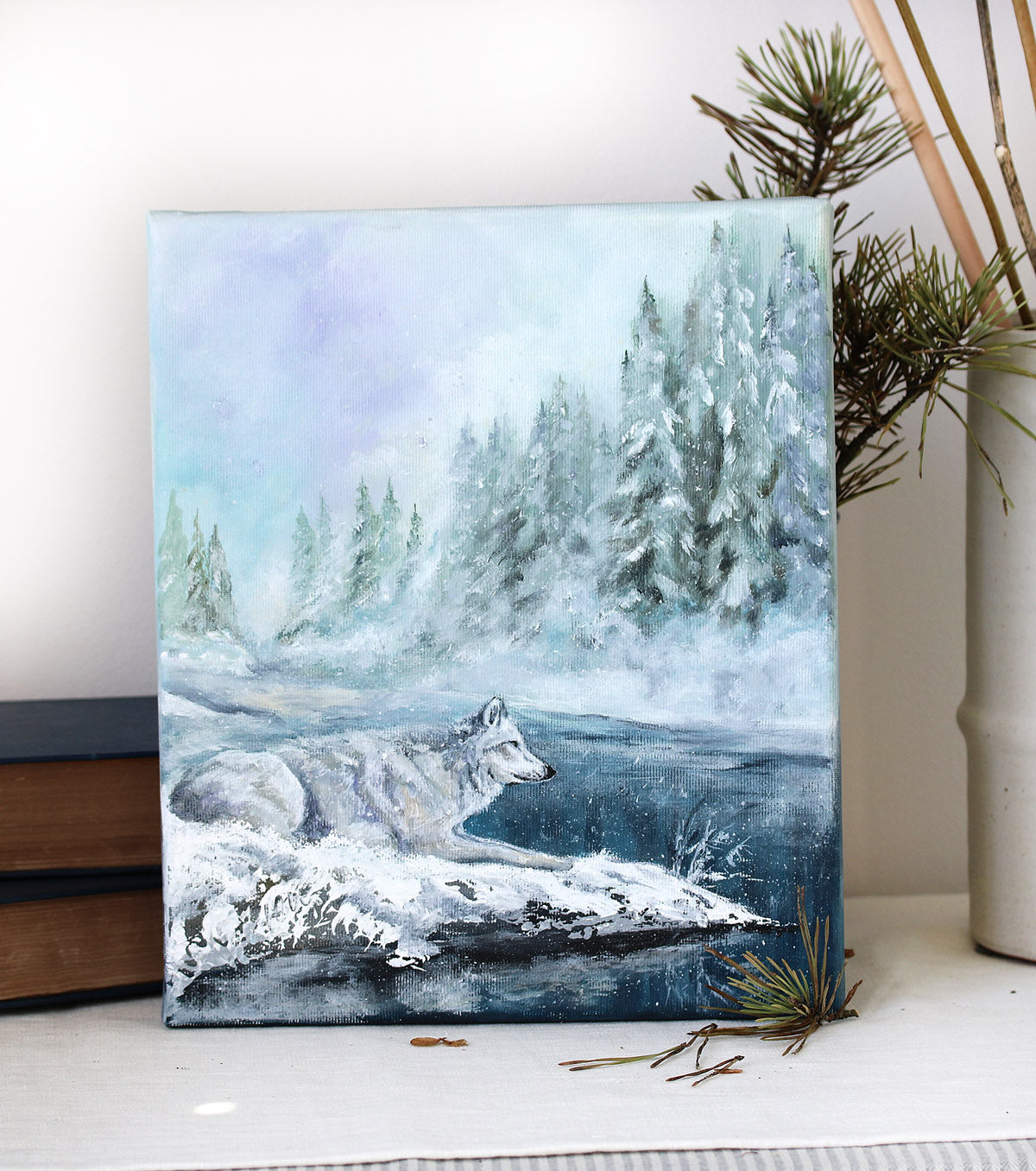 White wolf in snowy landscape original painting