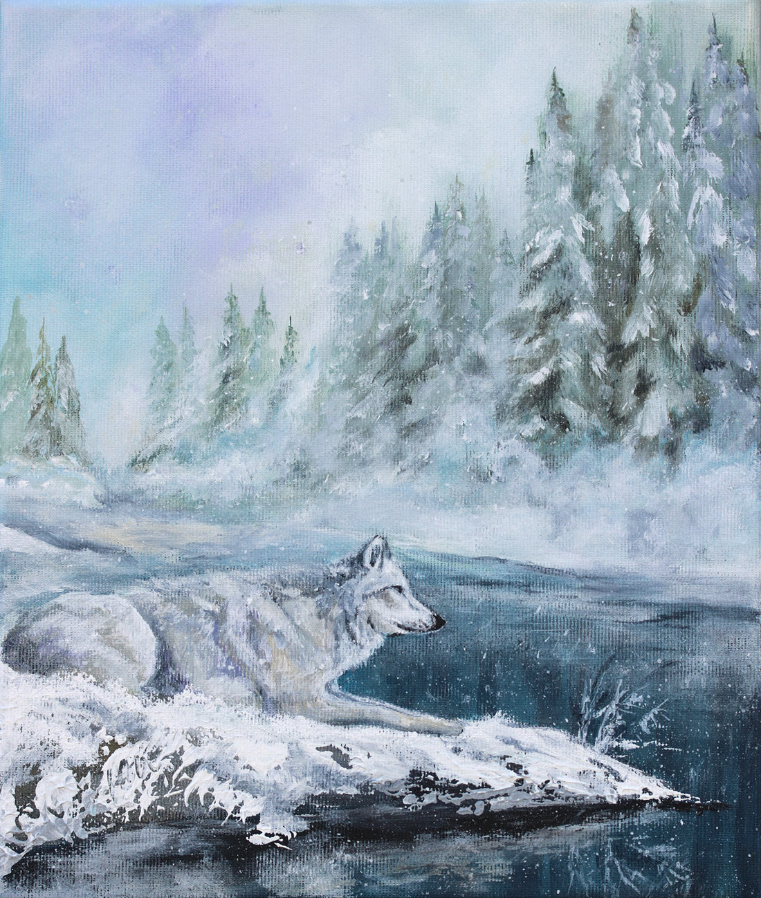 White wolf in snowy landscape original painting
