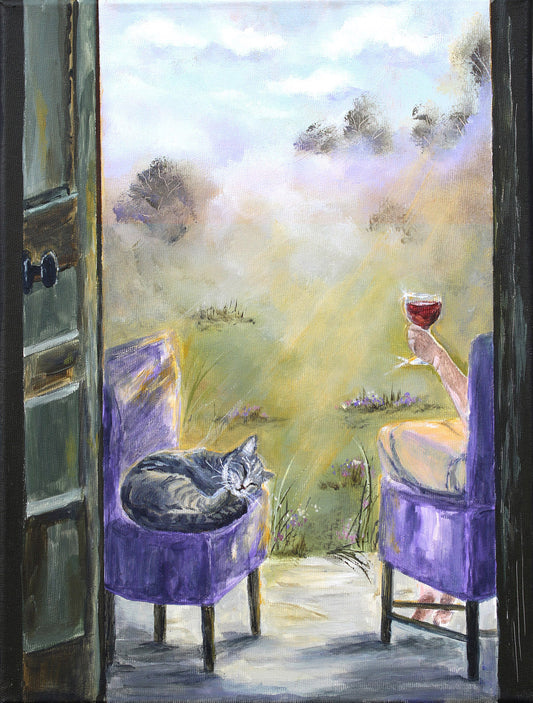 An acrylic painting depicting a cozy scene viewed from an open doorway, with a gray cat sleeping on a purple armchair and a person holding a glass of red wine in another purple armchair, overlooking a misty green landscape.