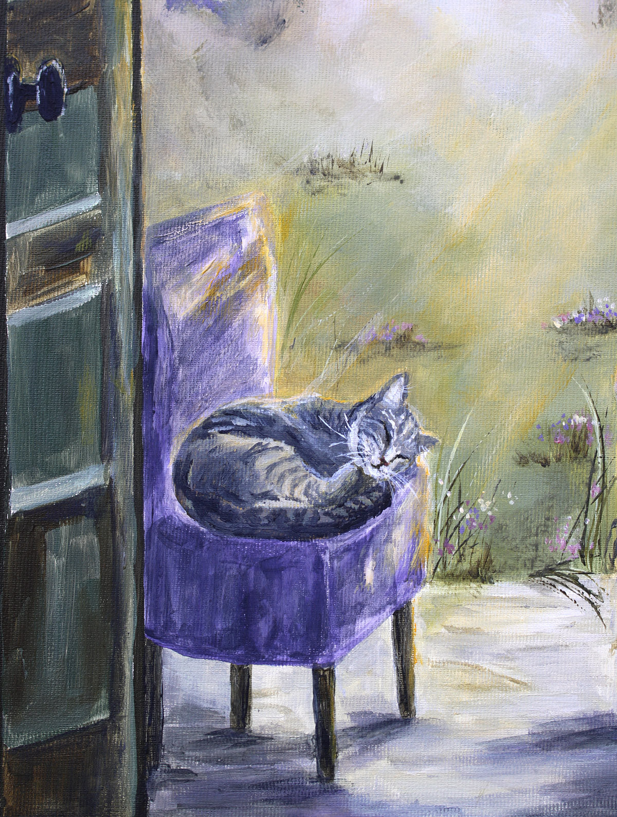 A painted scene showing a gray tabby cat curled up asleep in a purple armchair, with a doorway on the left and a softly lit outdoor garden background in yellow, green, and lavender tones.